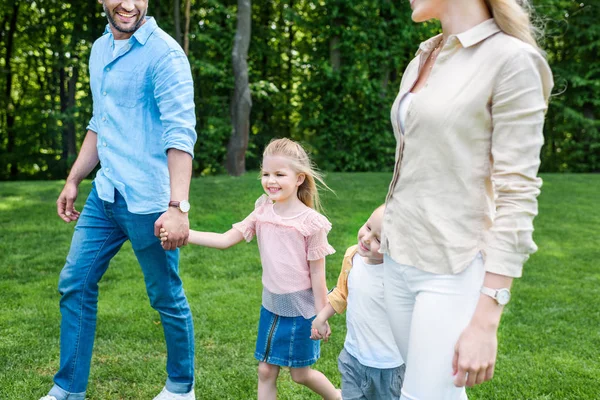 Colpo ritagliato di felice famiglia che si tiene per mano e camminare insieme nel parco — Foto stock