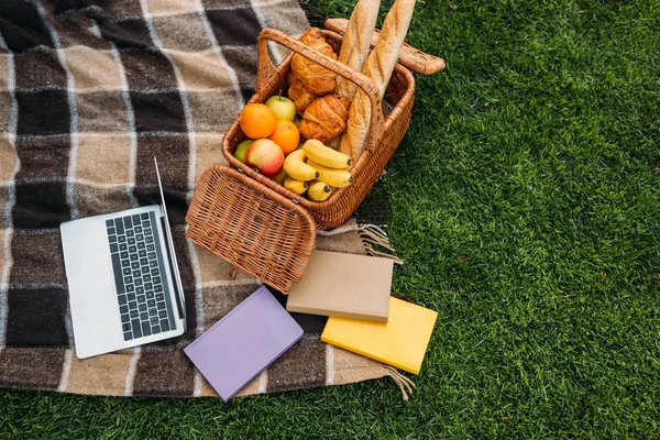 High angle view of laptop, books and picnic basket on plaid in park — Stock Photo