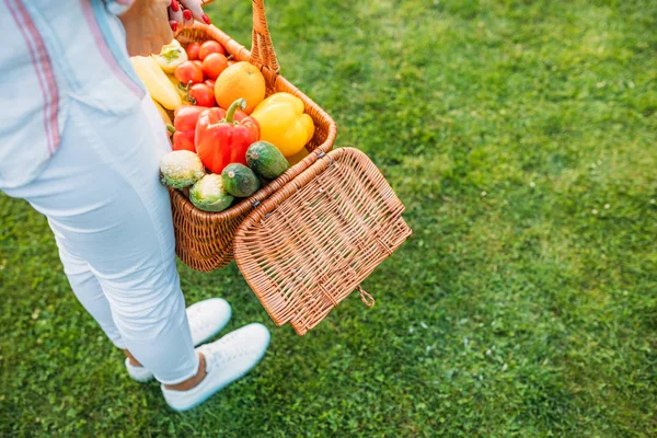 Cropped shot of woman holding basket with fresh vegetables for picnic in hands on yard — Stock Photo