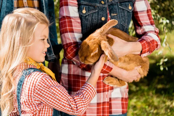 Kleines Kind berührt braunes Häschen in den Händen seiner Mutter im Freien — Stockfoto