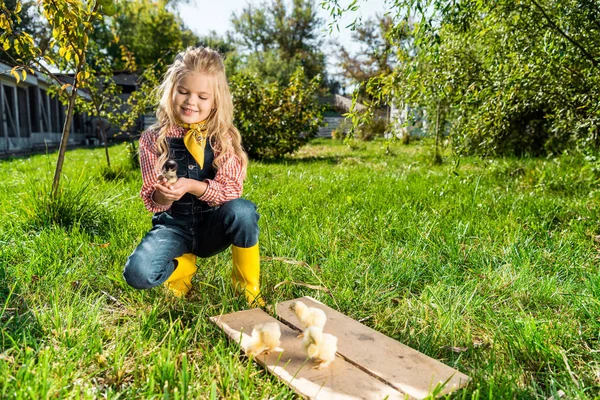 Criança feliz sentada na grama perto de pintinhos amarelos na fazenda — Fotografia de Stock
