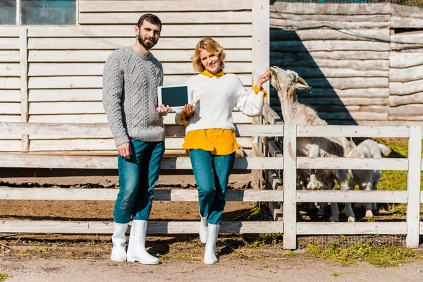 Man showing digital tablet with girlfriend while she feeding goat at farm — Stock Photo