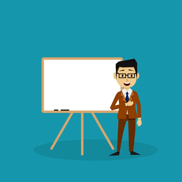 Flat Businessman Character Making a Presentation with a White Board — ストックベクタ