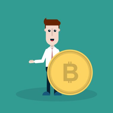 Düz vektör çizimi bir işadamı ile bir Bitcoin