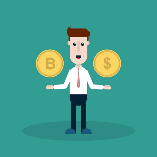 Düz vektör çizimi bir işadamı ile bir Bitcoin ve bir dolar