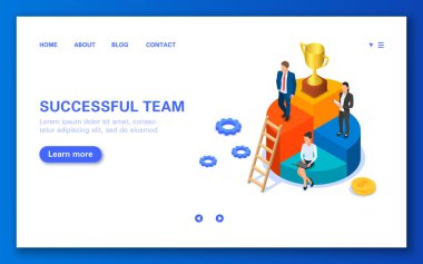 Banner başarılı bir takım. Altın bir fincan ile pasta grafik üzerinde bir grup insan.