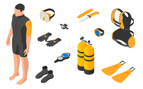 Immersioni. Set di attrezzature subacquee da uomo su sfondo bianco . — Vettoriale Stock