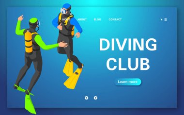 Web banner dalış kulübü. Dalgıç, bir jestle sinyal veriyor..