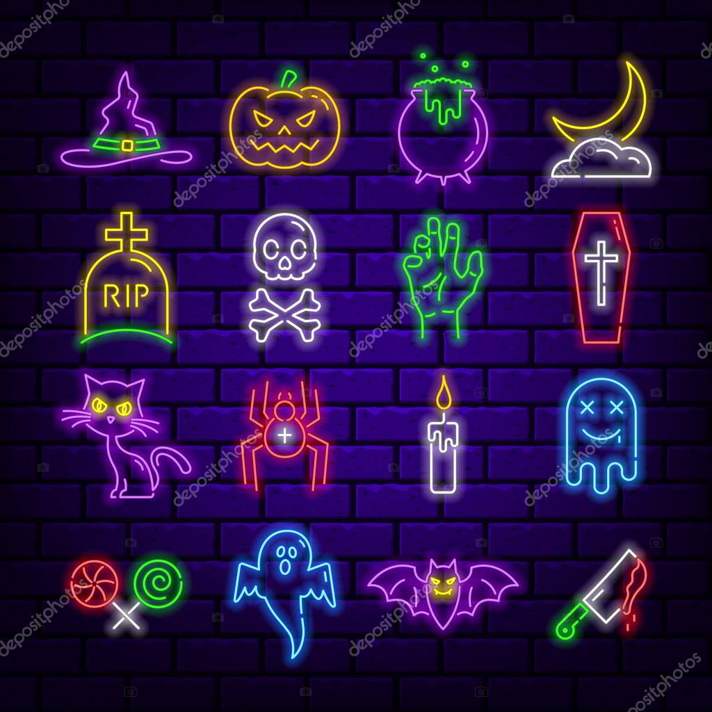 Set of neon Halloween themed icons on a dark brick background. Editable stroke and blend. Vector illustration.