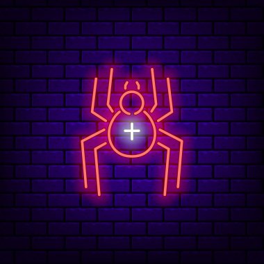 Koyu tuğla arka plan üzerinde Neon örümcek simgesi.