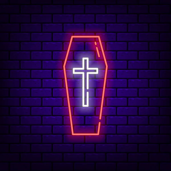 Neon coffin icon on dark brick background. — Stock Vector