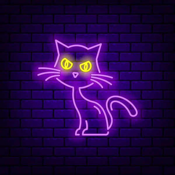 Εικονίδιο γάτας νέον σε σκούρο φόντο τούβλων. — Διανυσματικό Αρχείο