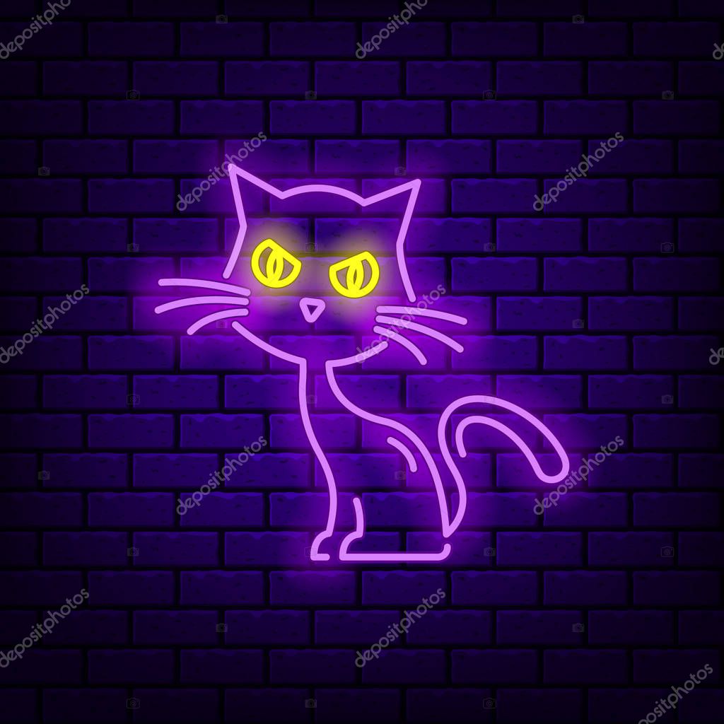 Neon cat icon on dark brick background. Editable stroke and blend. Vector illustration.