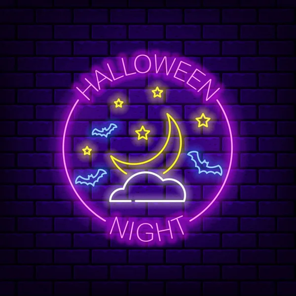 Noc Halloween. Neon znak w kształcie okręgu na ciemnym tle cegły. — Wektor stockowy