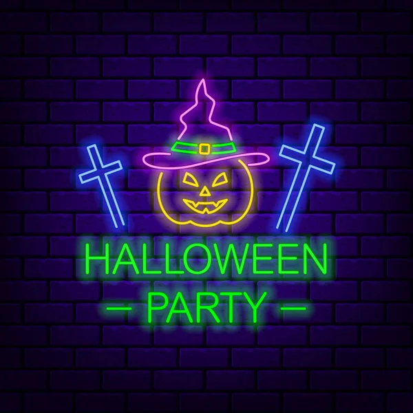 Halloween Party. Neon-jel a sötét tégla háttér. — Stock Vector