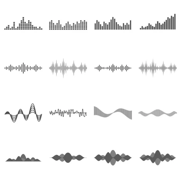Conjunto de ondas sonoras isoladas pretas sobre fundo branco . —  Vetores de Stock