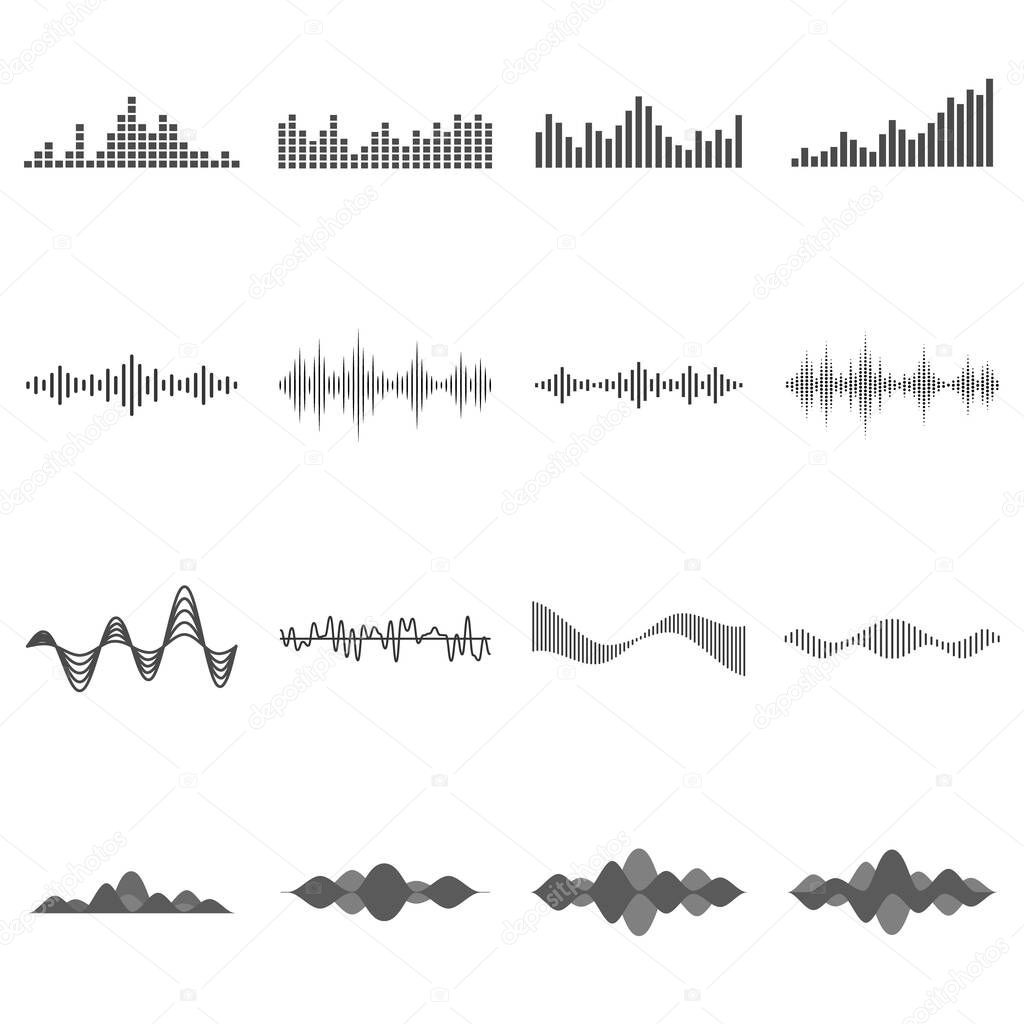 Set of black isolated sound waves on white background.