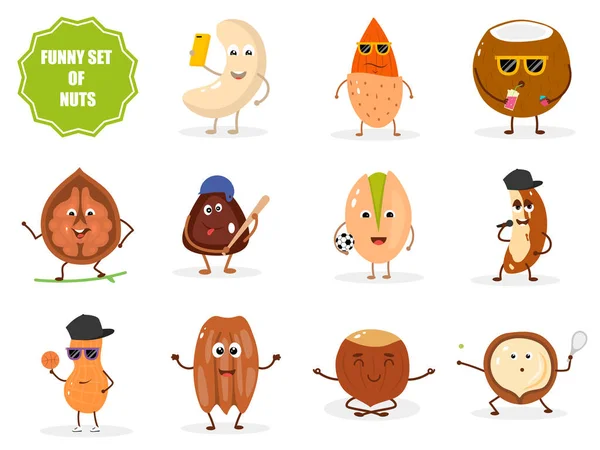 Set of isolated funny nuts characters in cartoon style.