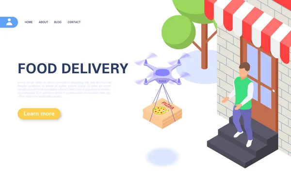 El concepto de entrega de alimentos sin contacto a su hogar utilizando un dron . — Vector de stock