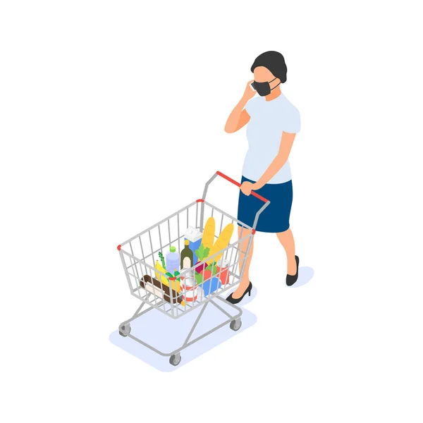 A girl in a protective mask buys food in a supermarket during the coronavirus pandemic. — Stock Vector