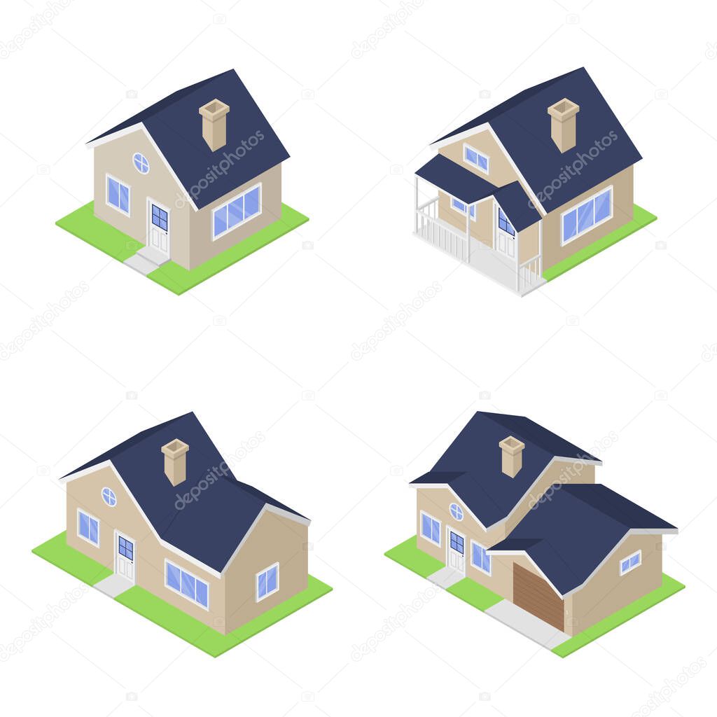 Set of rural isometric houses on a white background. Buying and renting real estate.
