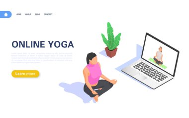 İnternetteki yoga konsepti. Bir kız evde otururken dizüstü bilgisayarından yayın izlerken yoga ve meditasyon yapıyor..