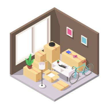 Ev taşıma konsepti. Odada içi mobilya, ev aletleri ve diğer eşyalarla dolu kutular var..
