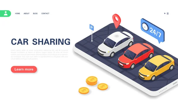 Bannière concept de covoiturage. Parking avec des voitures pour les clients sur l'écran du smartphone. — Image vectorielle