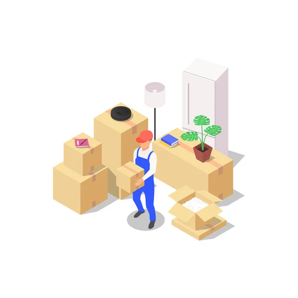 Koncept stěhování domů. Sada balených krabic s různými domácími potřebami a nakladačem s krabicí v ruce. — Stockový vektor