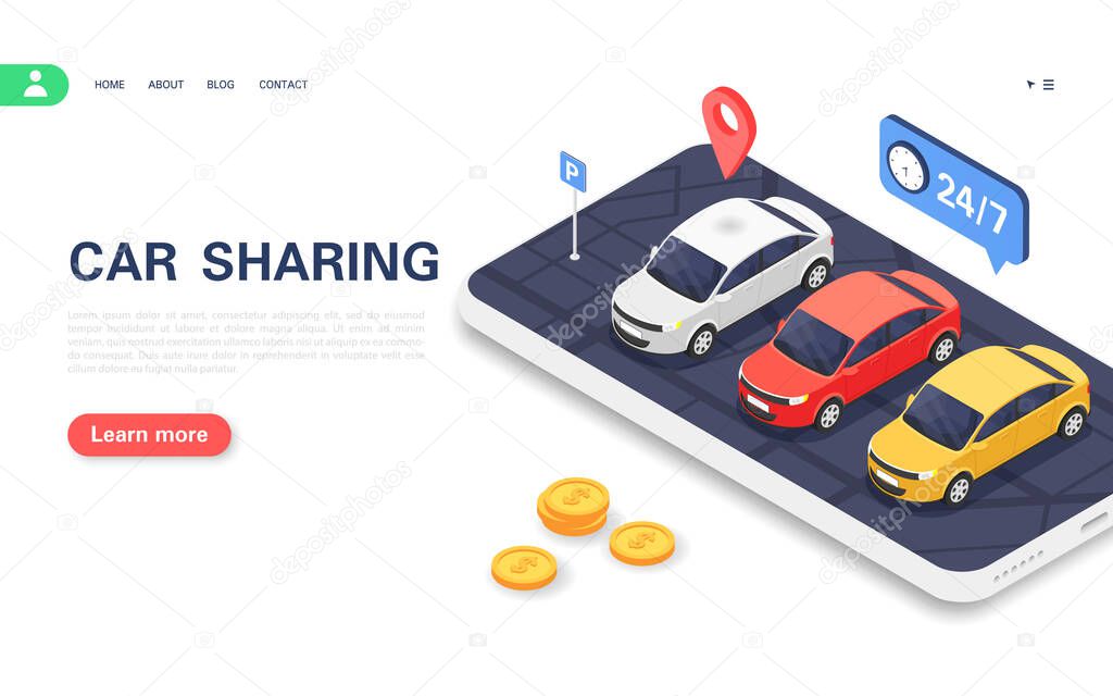 Car sharing concept banner. Parking with cars for customers on the smartphone screen.