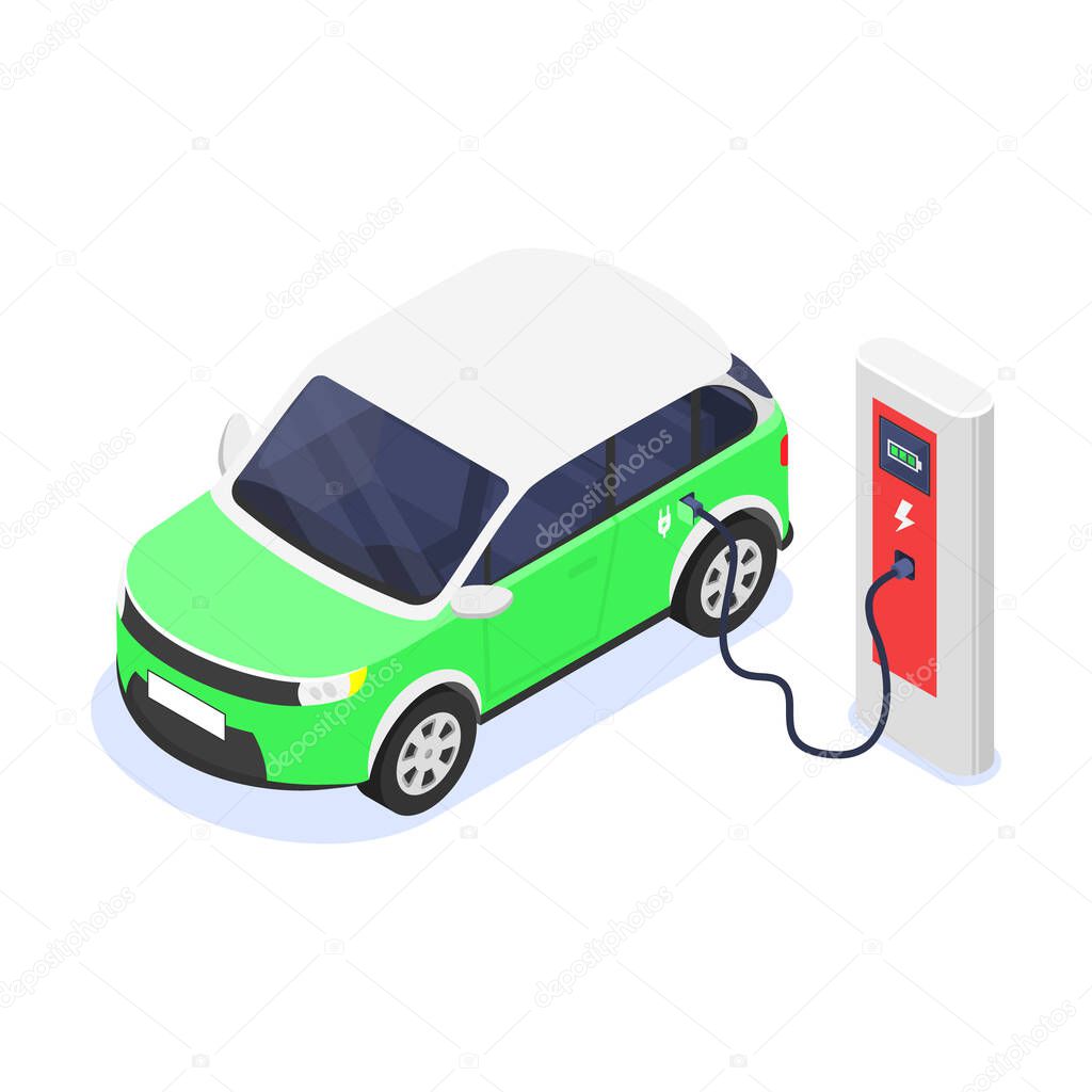 Isolated on white background an electric car is charging from a power station.
