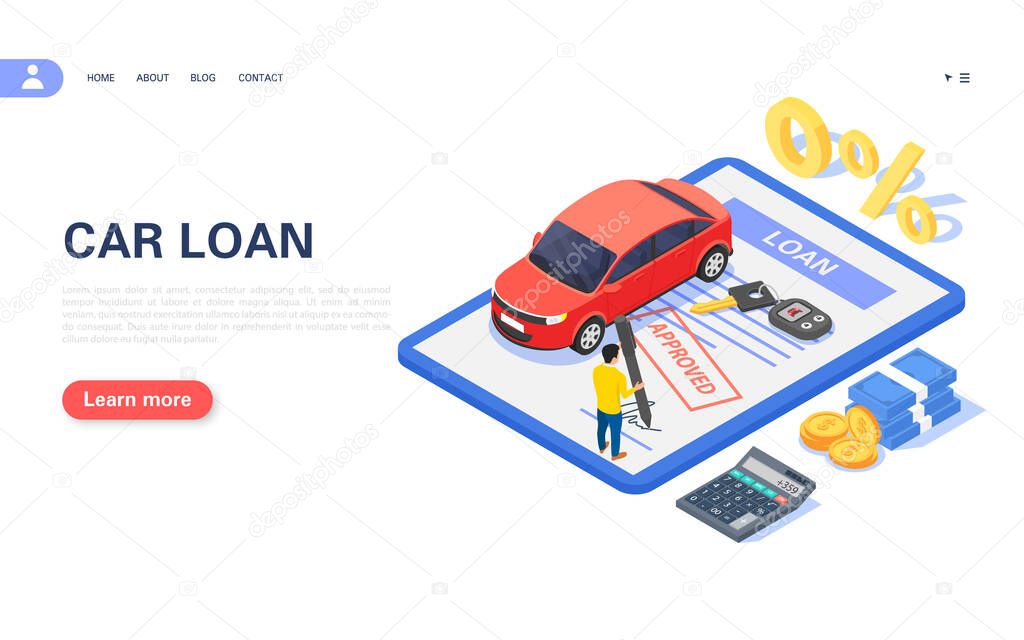 Concept banner of car loan or vehicle rental. A man signs an approved contract.