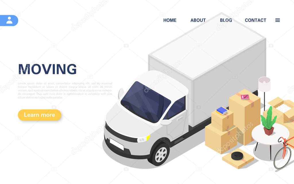 Home moving concept. A lorry and a set of packed boxes with various household items.