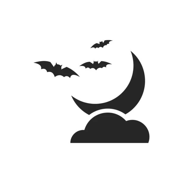 Silueta negra aislada de la luna con nubes y murciélagos sobre un fondo blanco. — Vector de stock