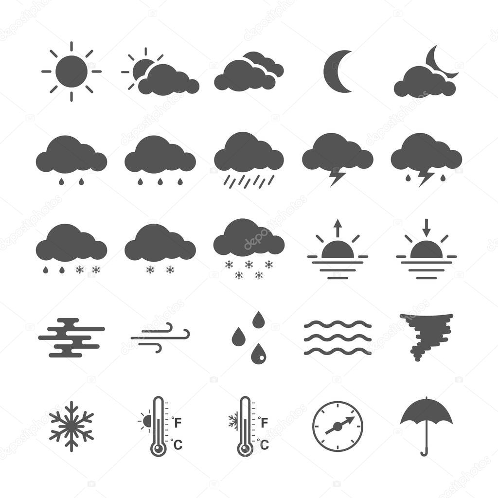 Set of linear weather icons isolated on white background.