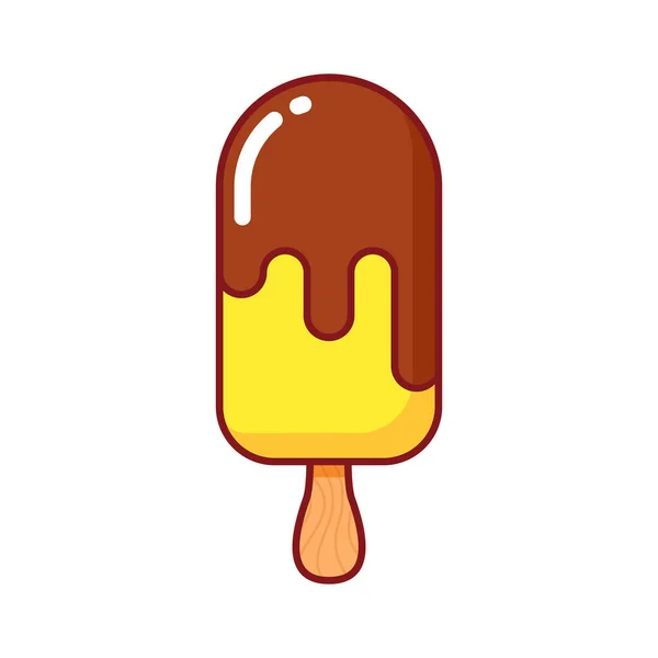 Vanilla ice cream on a stick with chocolate icing on a white plate. — Stock Vector