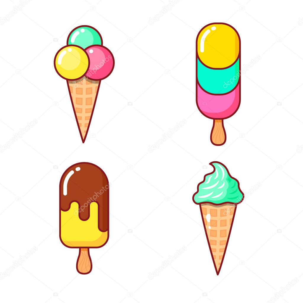 Set of isolated icons of different ice cream on a white background. Flat vector cartoon illustration.
