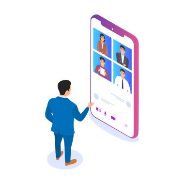 Bir adam iş arkadaşlarıyla akıllı telefon kullanarak iletişim kuruyor. Uzak çalışma, internet üzerinden arkadaşlarla iletişim, video konferansı.