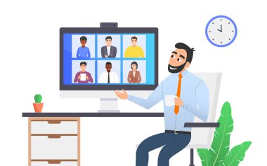 Bir adam iş arkadaşlarıyla video konferansı yapıyor. Uzak çalışma, internet üzerinden iletişim.