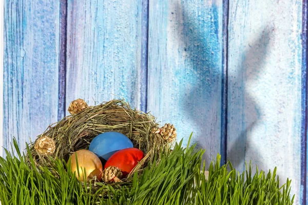青い白い木製の背景にウサギの影と草の中の草の巣に描かれたイースターエッグ — ストック写真