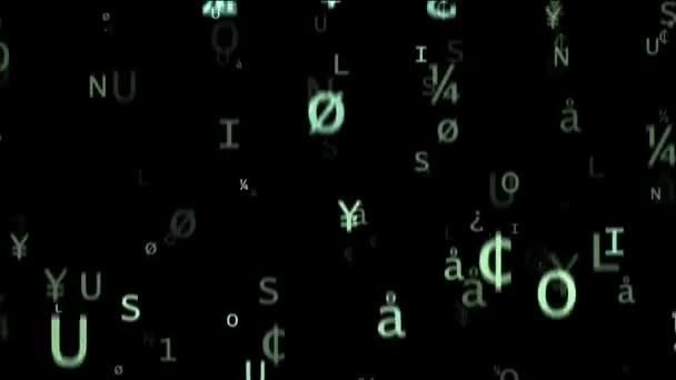 デジタル緑色のシンボルが黒い背景に落ちている. — ストック動画
