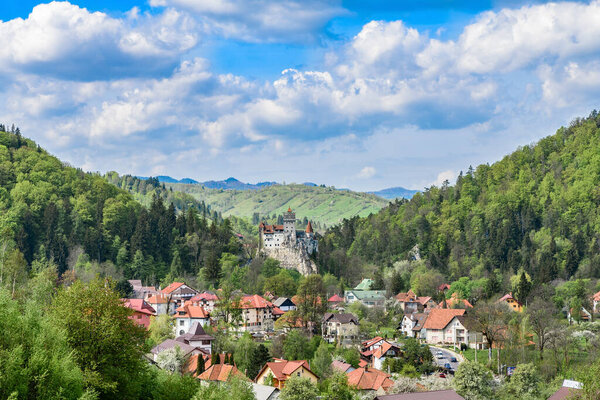 Landscape with Bran castle in spring season, Brasov landmark, Transylvania, Romania