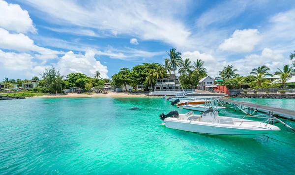 Landschap Met Turquoise Water Speedboten Mauritius Eiland Afrika — Stockfoto