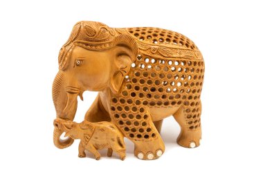 Traditional carved elephant mother and baby statue souvenir, isolated on a white background clipart