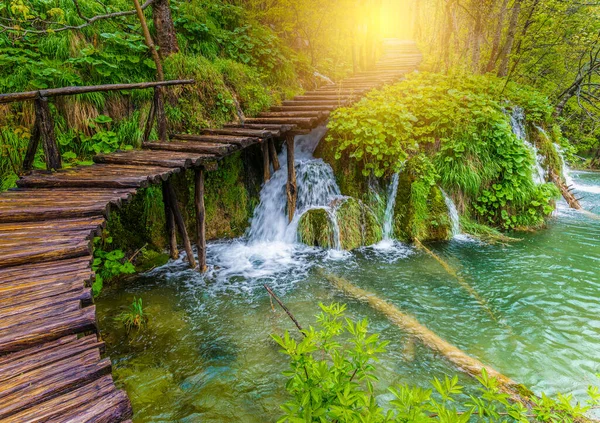 Rainy Day Tourist Walk Plitvicei Tavak Nemzeti Park Horvátország — Stock Fotó