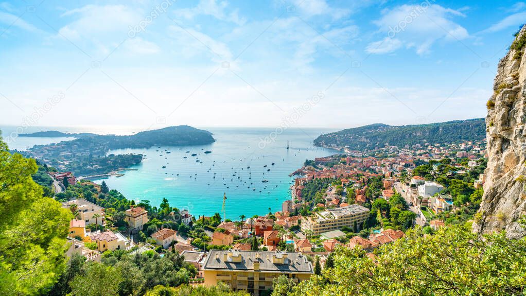 Aerial view of French Riviera coast with medieval town Villefranche sur Mer, Nice region, France