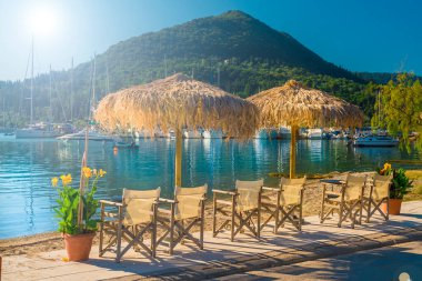 Nidri 'de küçük bir sahil, Lefkada adaları, Yunanistan