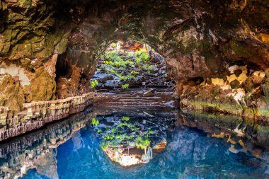 Jameos del Agua Mağarası, doğal mağara ve havuz Lanzarote, Kanarya Adaları 'ndaki Monte Corona yanardağının patlaması sonucu oluşmuştur.