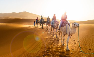 Merzouga, Fas - 2 Mayıs 2019: Fas 'taki Merzouga Sahra Çölü' nde yürüyen karavan
