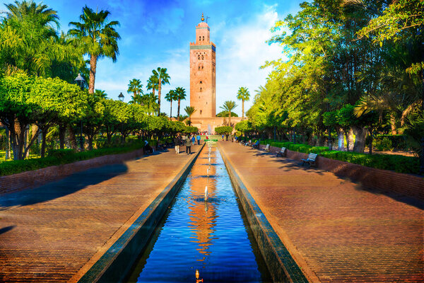 Koutoubia Mosque minaret at medina quarter of Marrakesh, Morocco